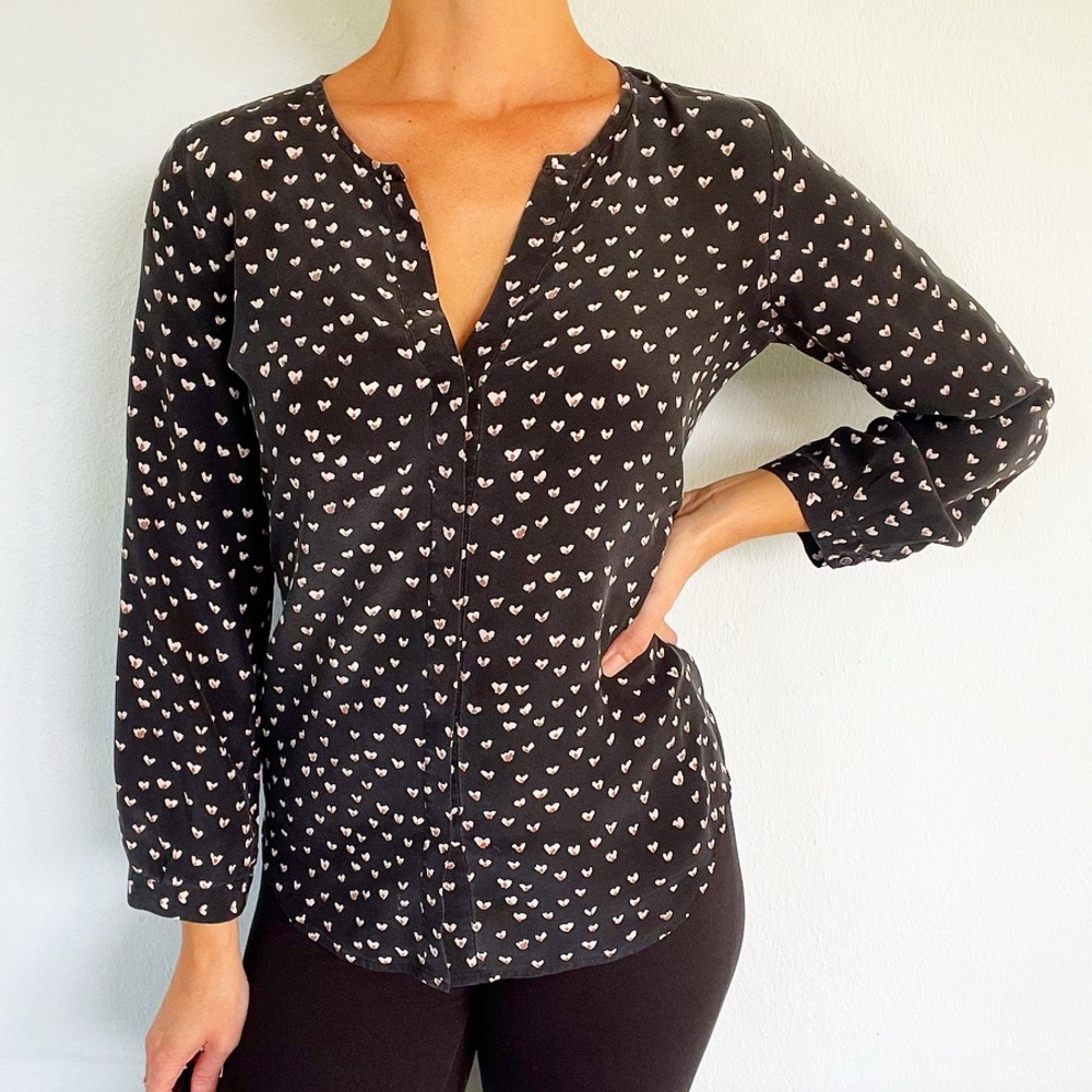 Joie silk black blush pink leopard heart print crop sleeve blouse size XS
